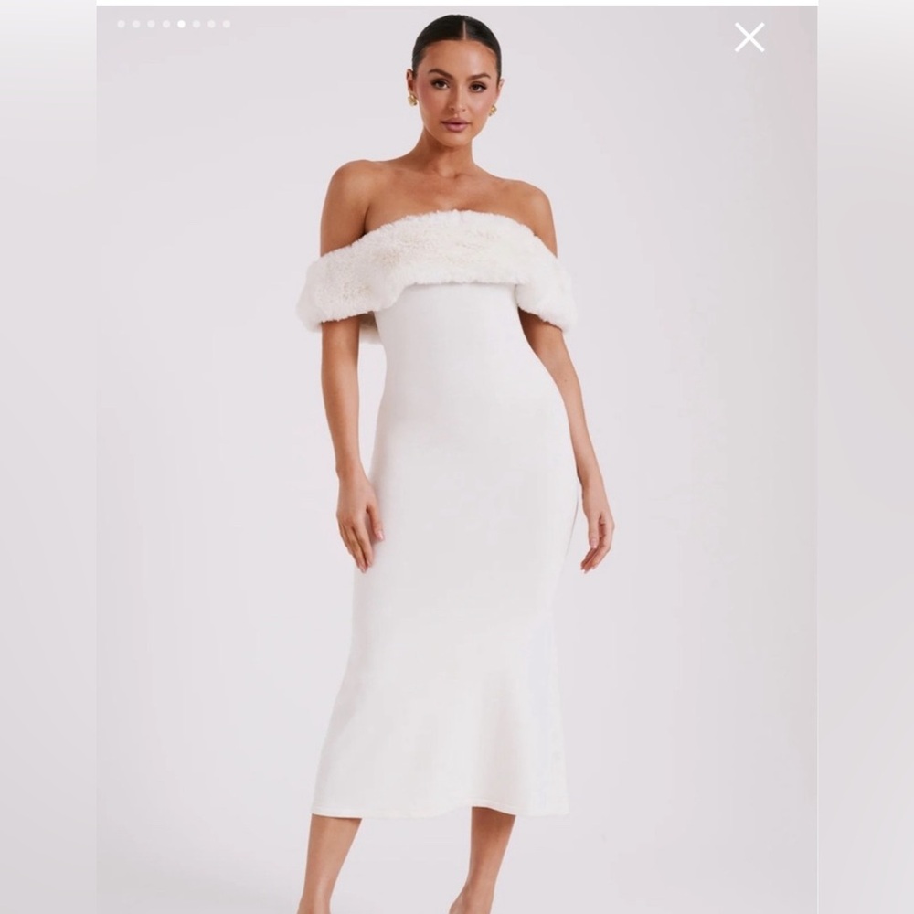 Meshki Angelica Off Shoulder Knit Midi Dress With Faux Fur - Ivory